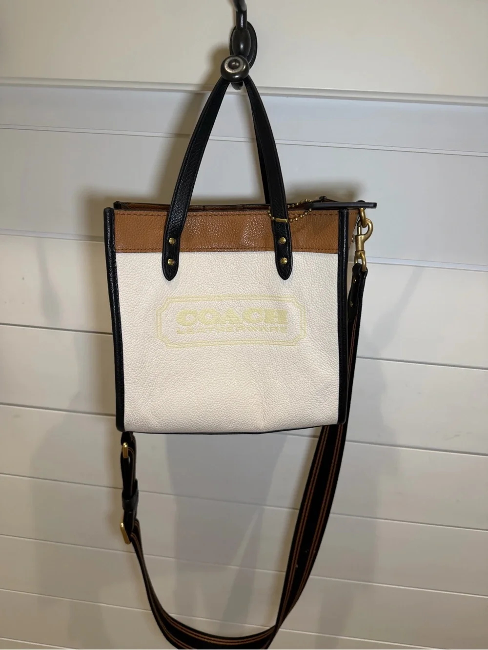 Coach Field Tote 22 White, Tan & Black Leather Crossbody Bag with Strap